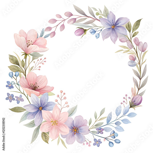 Wallpaper Mural Delicate Floral Wreath: An ethereal watercolor illustration of a circular wreath adorned with soft pink and purple flowers, delicate leaves, and sprigs. Perfect for invitations, cards, and branding. Torontodigital.ca