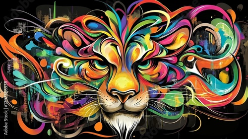 Abstract lion face in vibrant graffiti style, colorful vector design on a black background photo