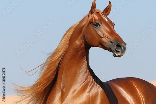 Chestnut Arabian horse portrait, desert background, flowing mane, equine elegance, stock photo photo