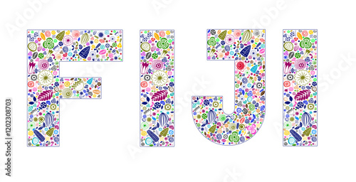 Fiji decorated text with 100 plus elements inside it