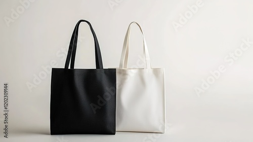 Black and white tote bag mockup on a light background