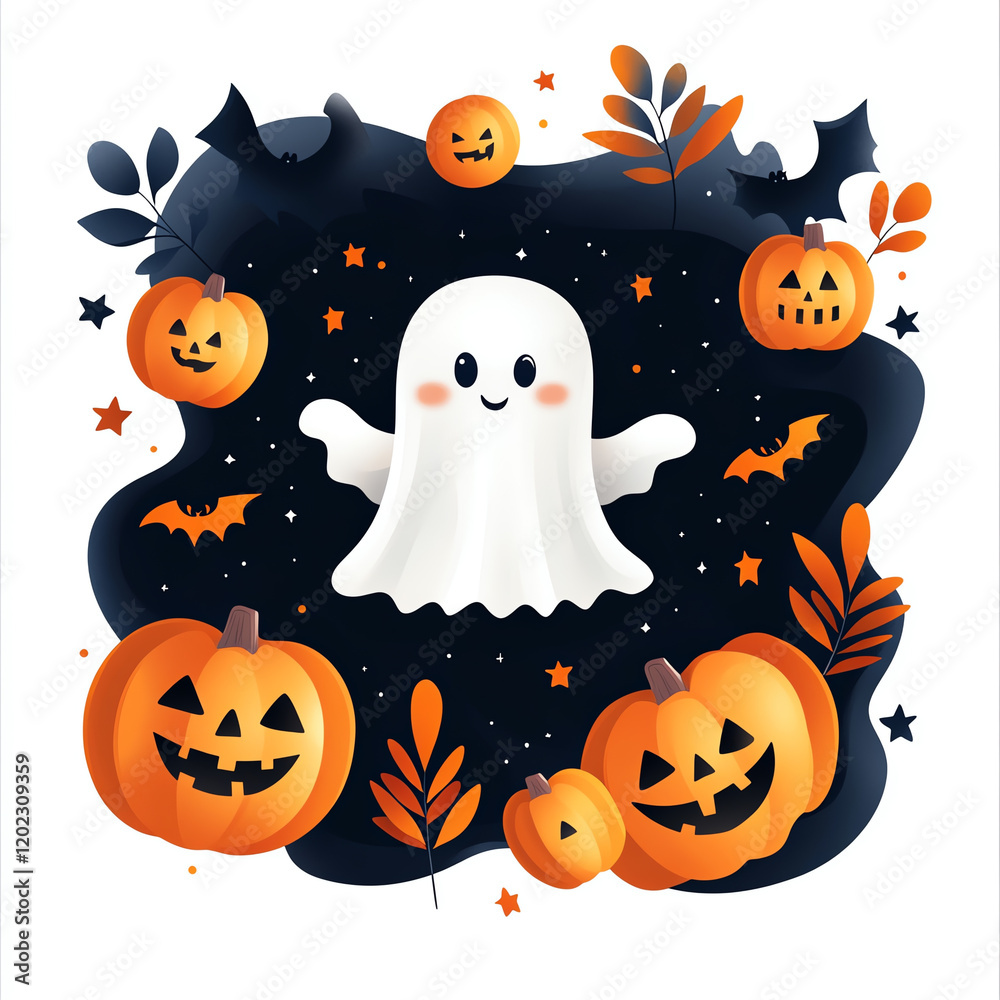 A whimsical Halloween scene featuring a friendly ghost surrounded by carved pumpkins and autumn leaves against a dark backdrop. A whimsical Halloween scene featuring a friendly ghost surrounded by carved pumpkins and autumn leaves against a dark backdrop.