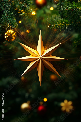 A gold star hanging from a christmas tree with ornaments photo