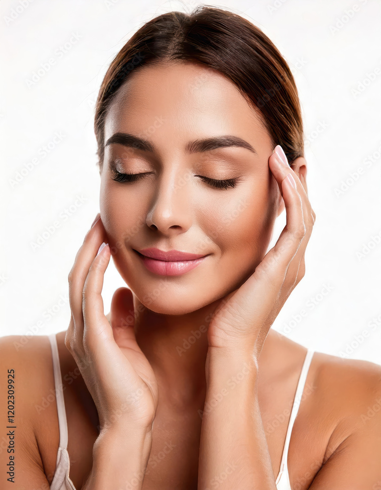 Serene woman touching her smooth skin on a white background Serene woman touching her smooth skin on a white background