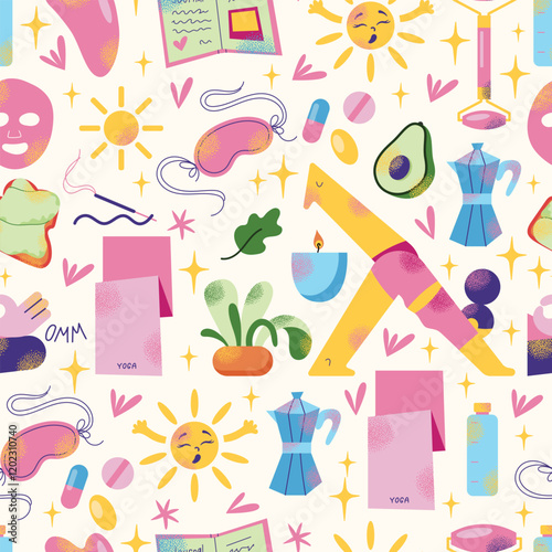 Wellness and self-care items seamless pattern morning routine with yoga, skincare, and healthy lifestyle elements. Flat cartoon style vector illustration. Self-care and mindfulness connect