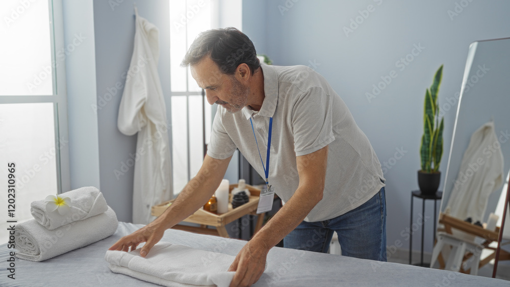 Hispanic middle-aged man preparing a bed in a clinic room, showcasing a tidy and professional healthcare environment. Hispanic middle-aged man preparing a bed in a clinic room, showcasing a tidy and professional healthcare environment.