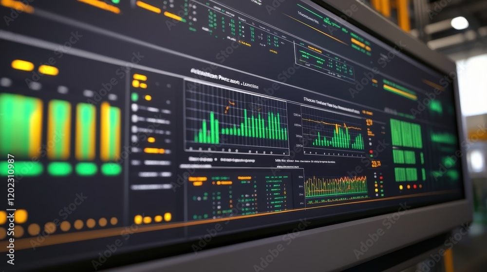 A macro image of a digital interface with multiple graphs and charts representing realtime analytics of machinery performance and operational efficiency in a manufacturing plant.