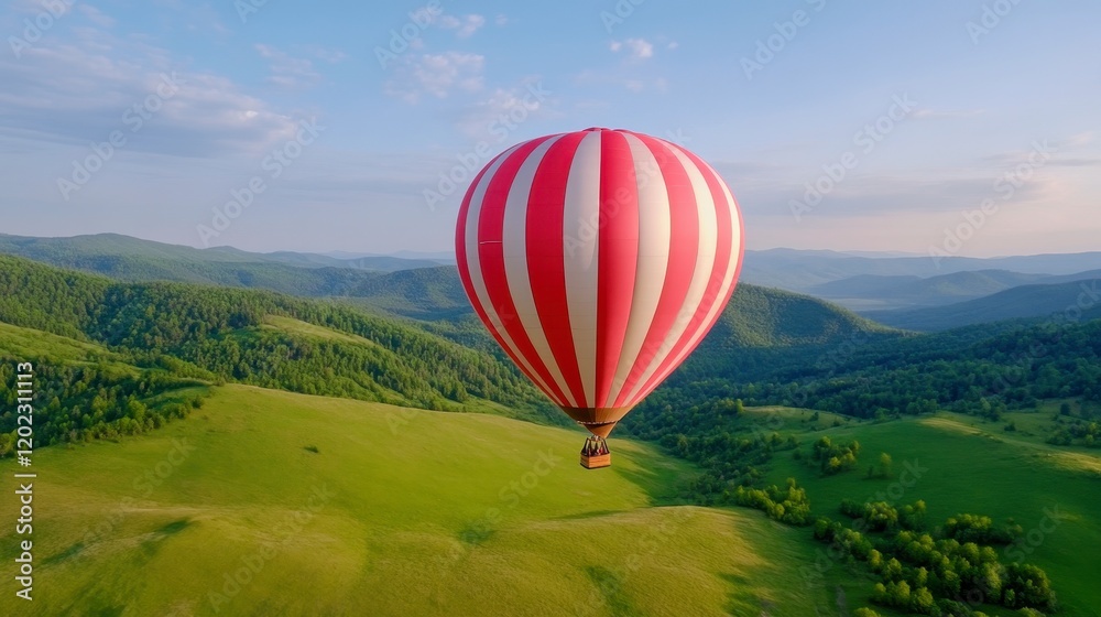 Obraz premium Colorful Hot Air Balloon Floating Above Lush Green Landscape