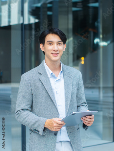 Portrait of Confident asian businessman standing on city street near office building. Successful smiling asian male manager posing and, looking at camera with confident smiling face in city outdoors.