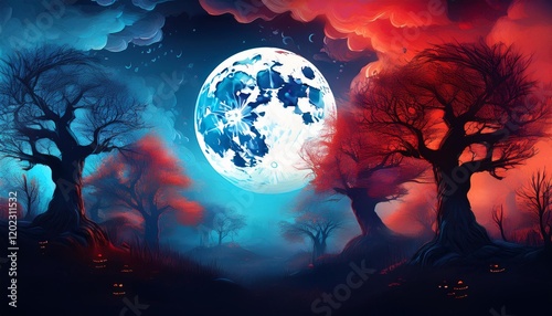 halloween historical past landscape with moon with crimson blue colors and creepy timber