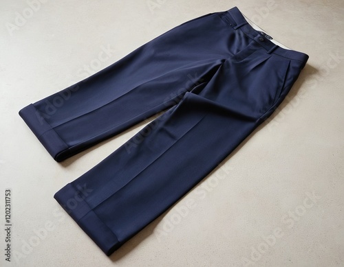 Pair of navy blue tailored trousers laid flat on a light surface, showcasing modern fit and crisp lines. photo