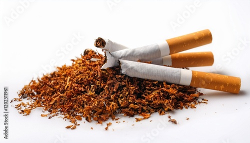 broken pile cigarette or tobacco on white history photo