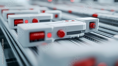 Wallpaper Mural A row of white and red devices on a conveyor system, showcasing a modern, industrial setup with intricate machinery. Torontodigital.ca