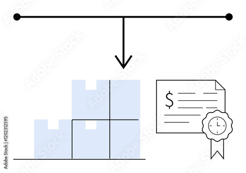 Stacked boxes representing inventory levels, finance certificate with a seal indicating costs or revenue. Ideal for logistics, finance, revenue, inventory management, supply chain, economics