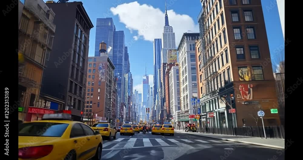 NYC street scene yellow cabs, skyscrapers, traffic, sunny day