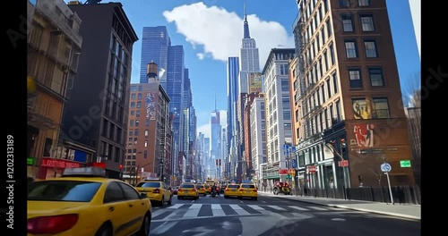 NYC street scene yellow cabs, skyscrapers, traffic, sunny day