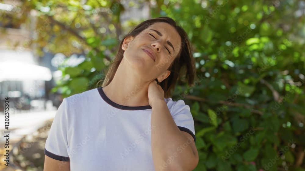 Young woman with neck pain in an outdoor park setting on a sunny day Young woman with neck pain in an outdoor park setting on a sunny day