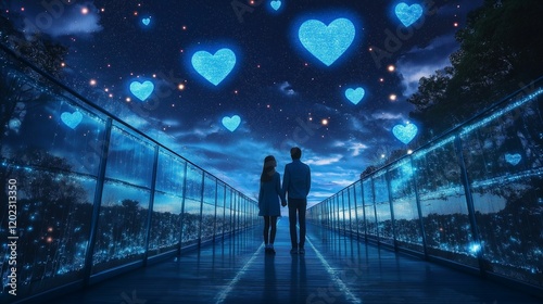 Glass bridge reflecting a starry night sky, illuminated with floating heart-shaped holograms and soft underfoot lighting, couple enjoying the cosmic view
