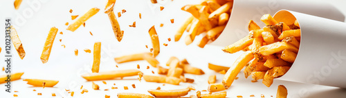 Crispy golden fries spilling out of a paper container, showcasing the deliciousness of fast food in a vibrant and inviting style. photo