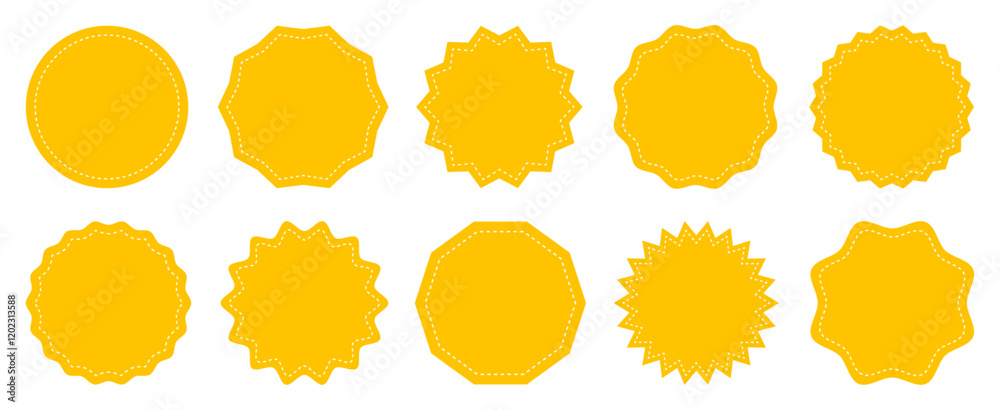 Collection circle postage stamps. Round stamp sticker vector icon set in yellow color. Price sticker set isolated. Sale or discount sticker. Circle template for logotype, stickers and business sign.