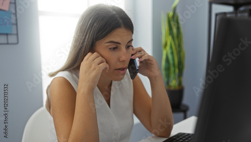 Young woman talking on phone in workplace looking concerned while sitting at desk in modern office with plant in background