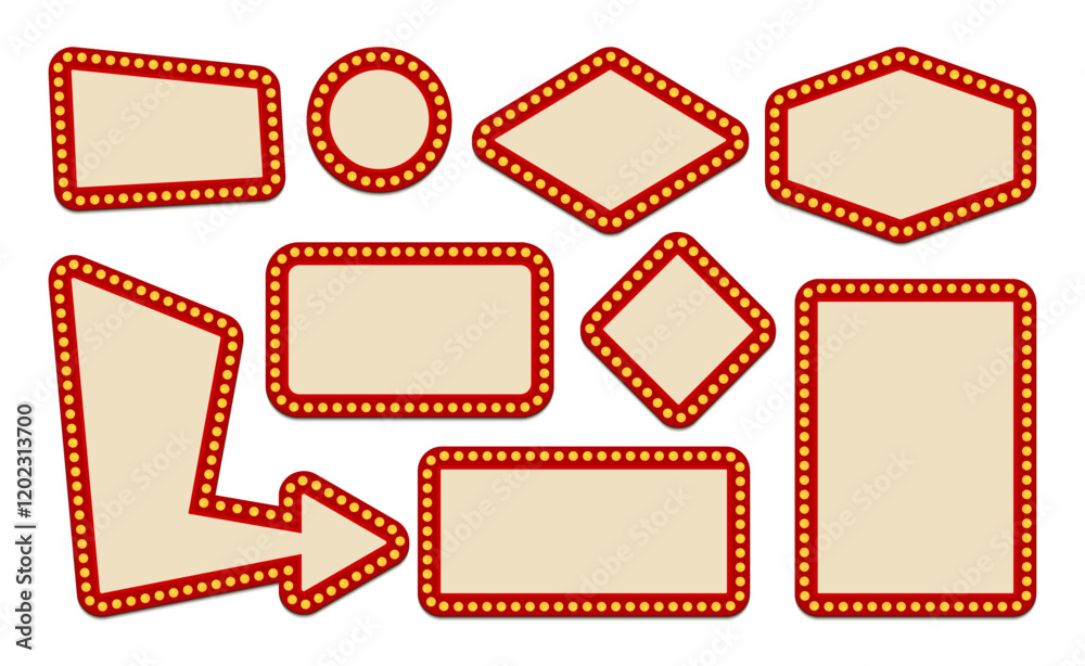 Set of lightbox template different shape with lightbulb for party poster, banner advertising, promotion and sale billboard, cinema, bar show or restaurant. Vector illustration