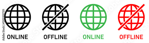 Set of online and offline internet connection icons black, red and green color. Globe icon with no signal and good signal sign symbol. Internet connection online and offline sign. Vector illustration.