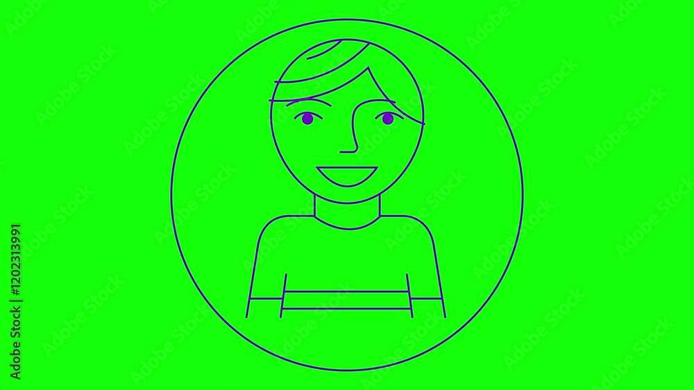 Animated violet linear symbol of boy is drawn. Purple icon of smiling man. Sign of people. Looped video. Vector illustration isolated on green background. Animated violet linear symbol of boy is drawn. Purple icon of smiling man. Sign of people. Looped video. Vector illustration isolated on green background.