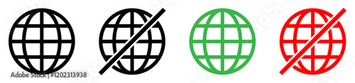 Set of online and offline internet connection icons black, red and green color. Globe icon with no signal and good signal sign symbol. Internet connection online and offline sign. Vector illustration.