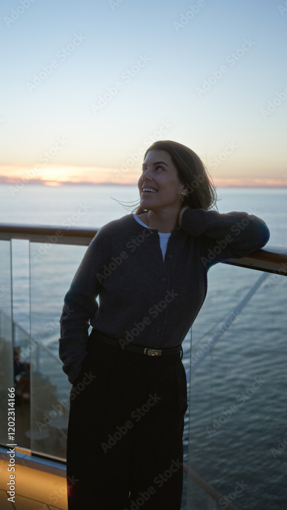 Hispanic woman enjoying a sunset view on a cruise ship dock, exuding youthful beauty and tranquility amidst the serene ocean backdrop. Hispanic woman enjoying a sunset view on a cruise ship dock, exuding youthful beauty and tranquility amidst the serene ocean backdrop.