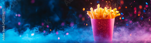 Delicious golden fries in a vibrant cup, surrounded by colorful smoke and lights, perfect for snack lovers and party themes. photo