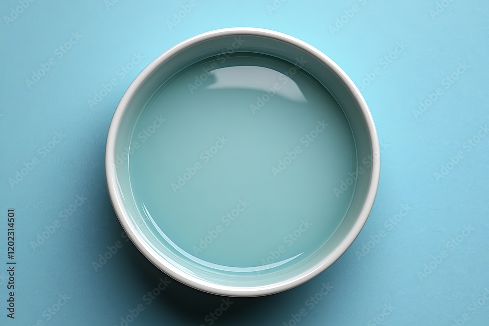 White bowl filled with light blue liquid on a blue background White bowl filled with light blue liquid on a blue background
