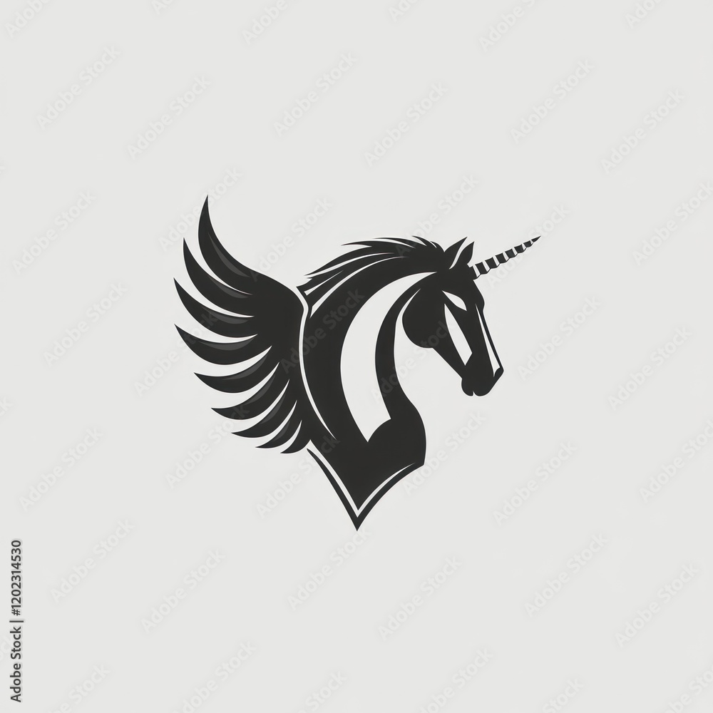 Obraz premium Winged unicorn head in monochrome on plain background, for fantasy or myth designs