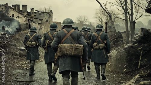 Group of soldiers walks through a devastated area, demonstrating courage and resilience in a challenging war environment
