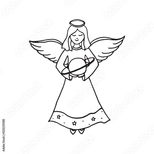 Angel linear hand drawn illustration with planet on isolated white color background in vector format