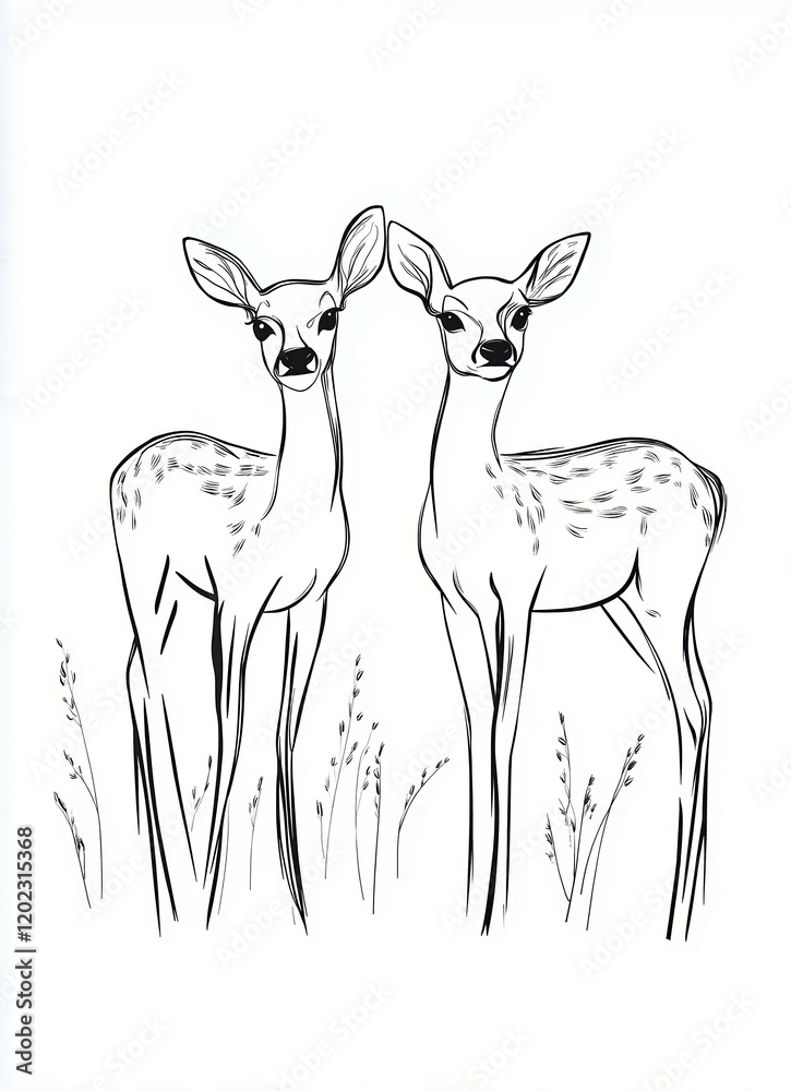 A black and white drawing of two deer standing next to each other A black and white drawing of two deer standing next to each other