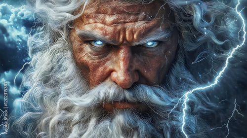 The oldest god, Zeus, in his Greek pantheon, as the leader of all gods on Mount Olympus, the god of thunder who rules over everything.