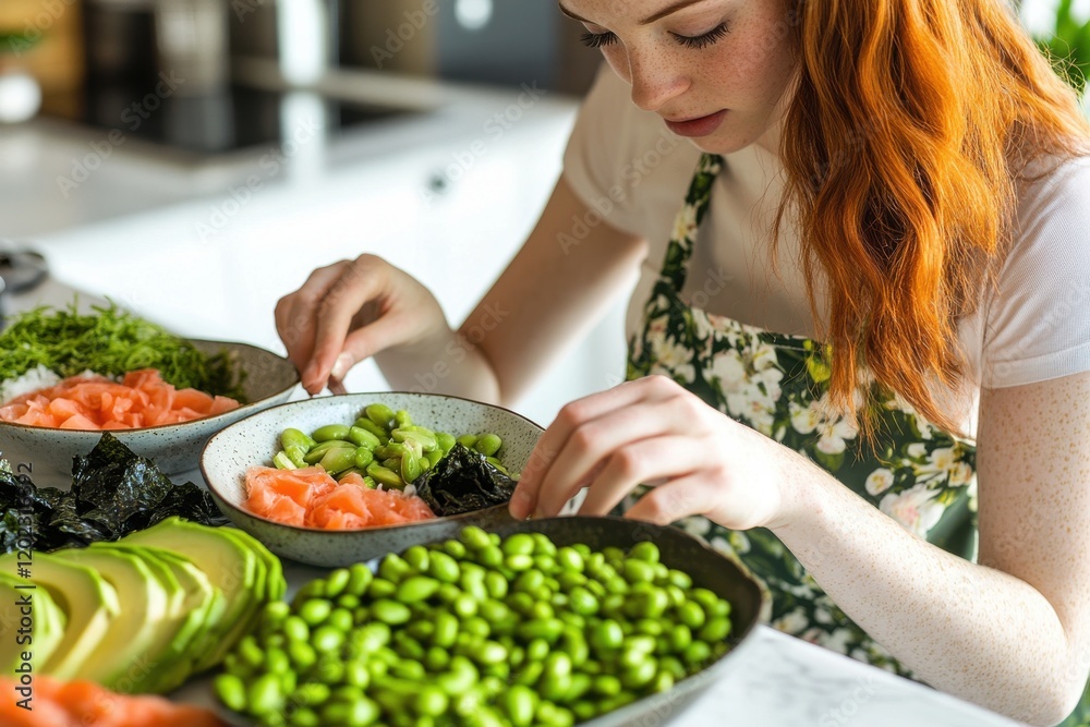 Vibrant vegan poke bowl preparation in retro kitchen ambiance Vibrant vegan poke bowl preparation in retro kitchen ambiance