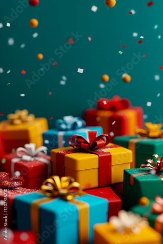 A pile of colorful presents with bows and ribbons on a blue background