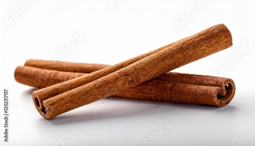 two brown vegeterian cinnamon sticks mendacity on white historical past photo