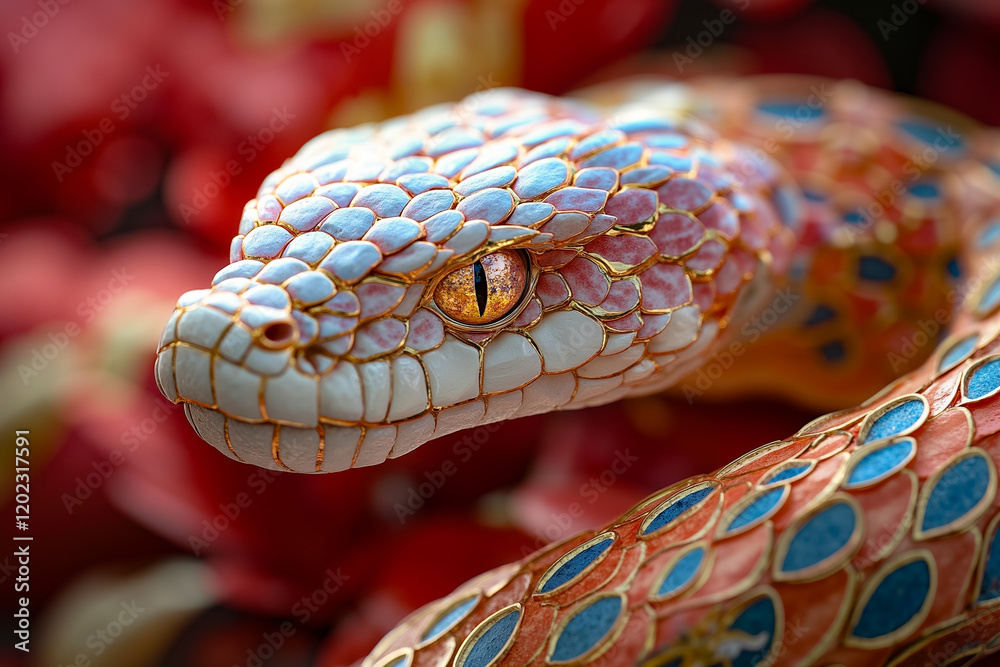 Obraz premium A close up of a colorful snake on a red flower