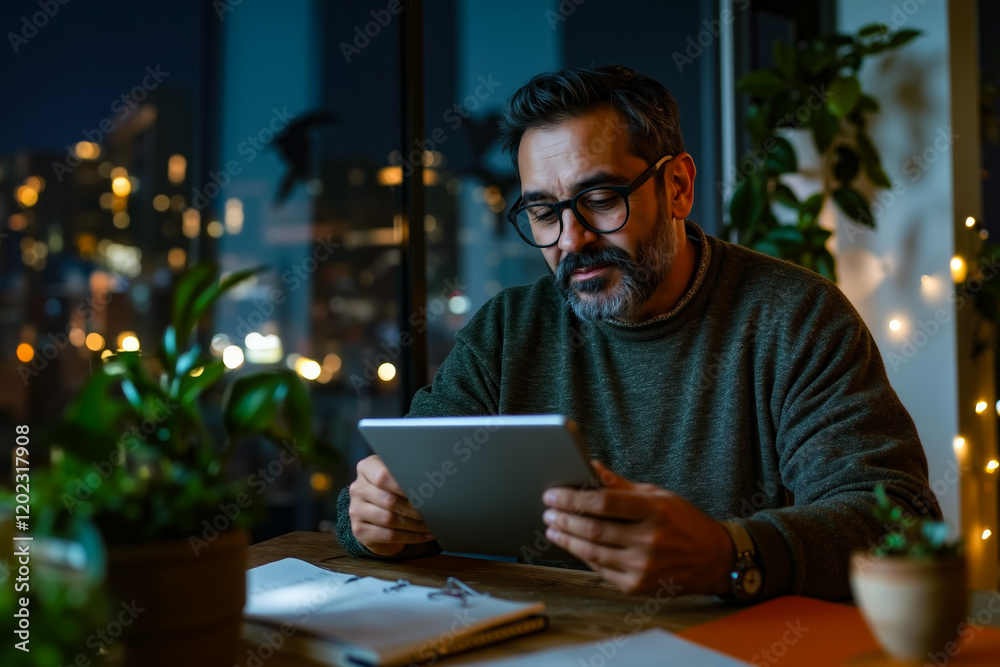 A man sitting at a table using a tablet computer A man sitting at a table using a tablet computer