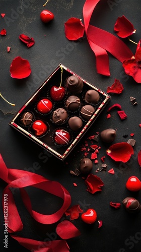 A luxurious box of assorted chocolate-covered cherries paired with glossy red cherries, rose petals, and a satin ribbon on a dark elegant background