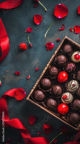 A luxurious box of assorted chocolate truffles and glossy cherries, elegantly surrounded by red rose petals and satin ribbon on a dark textured background