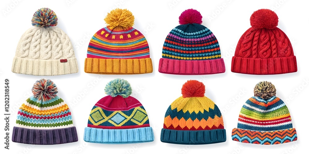 Colorful Winter Knit Hats with Festive Patterns and Pom Poms V10 Colorful Winter Knit Hats with Festive Patterns and Pom Poms V10