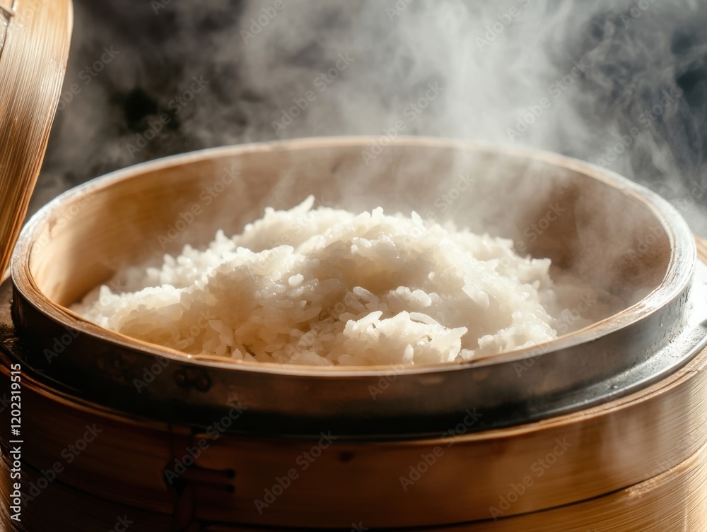 Rice being steamed in a bamboo steamer. Featuring rice being steamed in a bamboo steamer. Highlighting traditional cooking methods and Asian cuisine. Ideal for food and cultural visuals. Rice being steamed in a bamboo steamer. Featuring rice being steamed in a bamboo steamer. Highlighting traditional cooking methods and Asian cuisine. Ideal for food and cultural visuals.