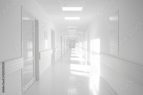 Blurred background of a hospital corridor with copy space, a blurred abstract modern interior business office hall, or a white panoramic view window for a banner background with a bokeh effect
