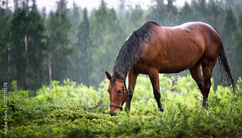 brown horse grazing in the rain in a forest clearing on a summer day