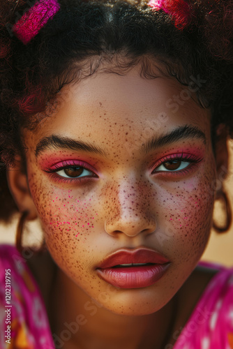a close-up portrait photo of a stylish young girl with glowing dark skin, natural freckles, bold pink makeup, and curly hair styled into puffy twin buns with vibrant pink accents