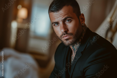 hot and attractive Italian mafia billionaire with a tattoo on his neck , wearing a luxurious black suit photo